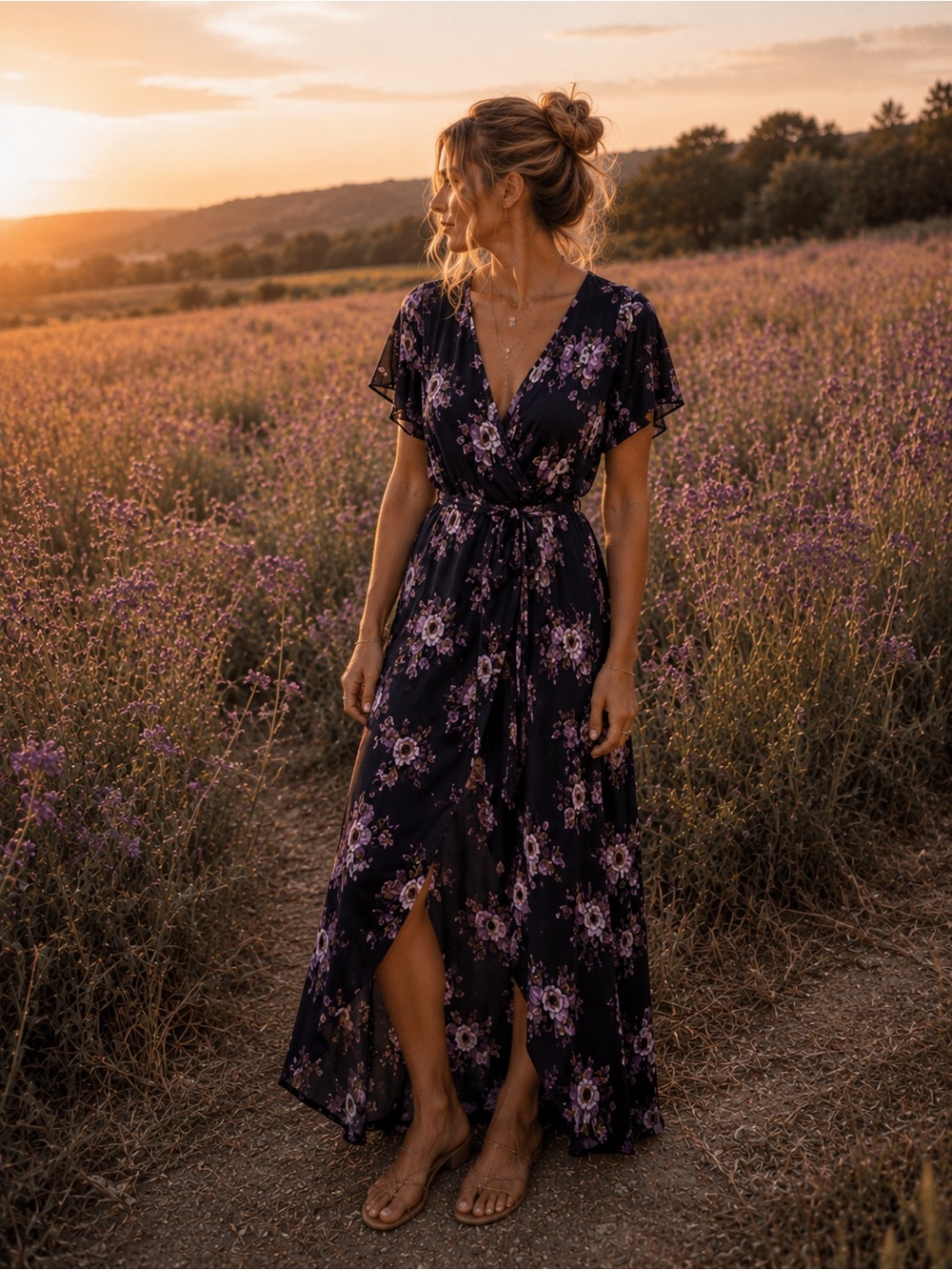 ILLA ILLA Black and Purple Floral High Low Maxi Mock Wrap Dress SZ S